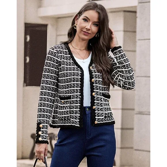 Women Cardigan Sweaters Tweed Pattern Jacket V Neck Sweater Blazer with Button